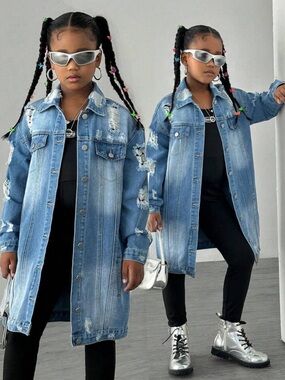 SHEIN Distressed Light Blue Denim Jacket for Girls - Trendy Oversized 10Y